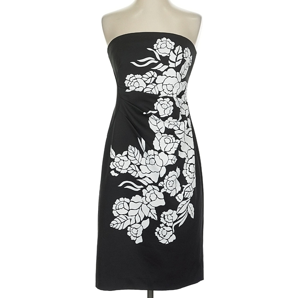 White House Black Market Strapless Black Dress with White Floral Design
